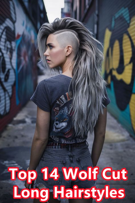 Take your wolf cut to the next level with an undercut. This bold, shaved section adds an edgy touch to the classic style, creating a look that's sure to turn heads. #wolfcutlonghair #undercuthair How To Grow Out Undercut For Women, Wolf Undercut, Undercut Growing Out Hairstyles, Wolf Cut With Undercut, Long Hair Undercut Women, Long Hair Mohawk, Long Hair Shaved Sides, Long Mohawk, Wolf Cut Long