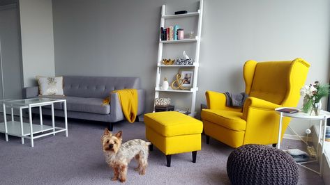 My living room, my reading corner, my favourite spot to relax with my pup. #ikea #jysk #stylish #mustard #yellowchair #mustardchair #readingchair #penthouseliving  ikea STRANDMON chair  Jysk pouf  Jysk GUARDA sofa Ikea Strandmon Chair, Yellow Chair Living Room, Strandmon Chair, Ikea Strandmon, Penthouse Living, Blue Interior Design, Ikea Living Room, Furniture Design Chair, Yellow Chair