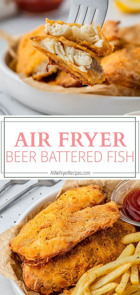 Whether you're a beginner at cooking fish, or an expert, this Air Fryer Beer Battered Fish is sure to impress. It's simple to make and yields excellent results in less than 20 minutes! Battered Air Fryer Fish, Beer Batter Fish In Air Fryer, Air Fryer Beer Battered Cod, Fried Tilapia Recipes Air Fryer, Air Fryer Batter, Air Fried Battered Fish, Air Fryer Fish And Chips Cod, Pickerel Fish Recipes Air Fryer, Air Fryer Battered Fish