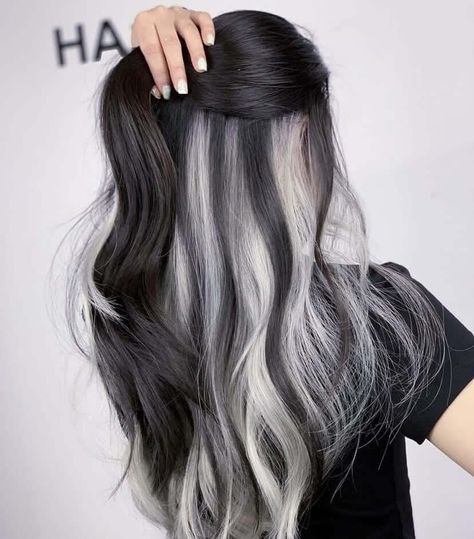 Balayage, White Ombre Hair, Under Hair Color, Blonde Underneath, Black And Grey Hair, Black White Hair, Toned Hair, Two Toned Hair, Korean Hair Color