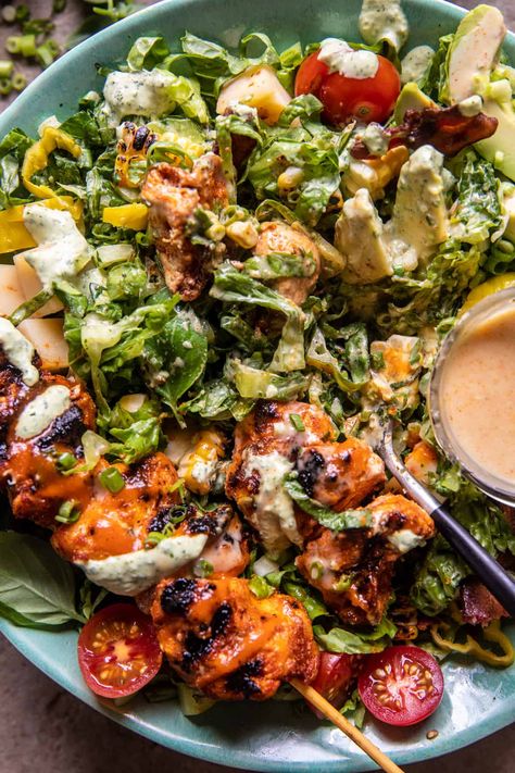 Fall Salad Half Baked Harvest, Chopped Honey Buffalo Chicken Skewer Salad, Buffalo Chicken Kale Salad, Half Baked Harvest Salad Summer, Chopped Buffalo Chicken Salad, Buffalo Ranch Salad, Chicken Skewer Salad, Grilled Bbq Chicken Salad, Bbq Chicken Skewer Salad