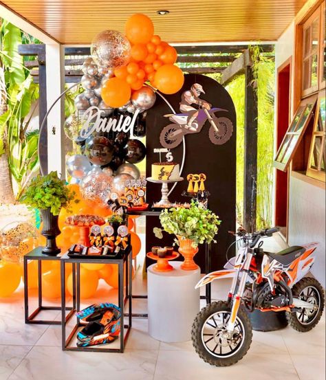 Dirt Bike Centerpiece Ideas, Motorcycle Birthday Party Ideas, Motor Cross Birthday Party Ideas, Ktm Birthday Party Ideas, Ktm Birthday Party, Dirt Bike Birthday Party Decorations, Motorcycle Party Ideas Kids, Motocross Birthday Party Decorations, Dirtbike Themed Birthday Party