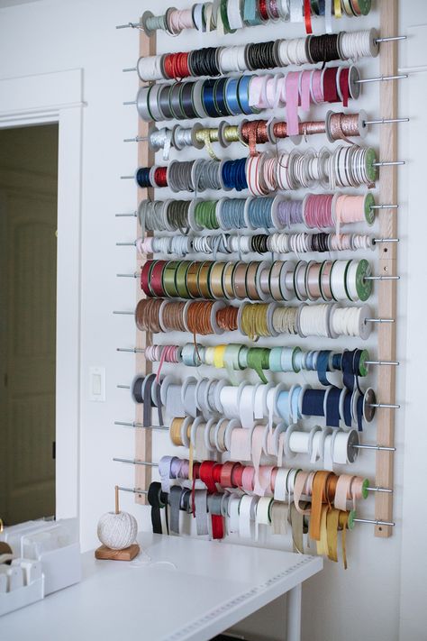 Ribbon Wall Storage, At Home Floral Studio, Office Craft Room Combo, Flower Shop Interiors, Florist Studio, Hobby Storage, Flower Shop Decor, Sewing Room Inspiration, Flower Shop Design