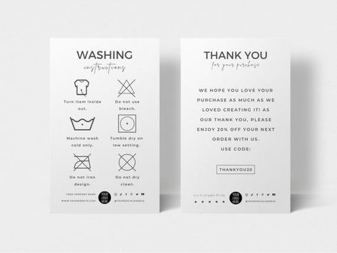 Editable Washing Instructions Card Template, Clothing Care Cards, Tshirt Wash Guide, Printable Shirt Packaging Insert Canva Templates - Etsy UK logoexpose #graphiclogo #businesslogo #logotypedesign Wash Care Instructions Tags, Tshirt Care Instructions Free Printable, Washing Instructions Label, Clothing Thank You Card Design, Product Info Card Design, Thank You Card For Clothing Brand, Washing Instructions Card, Warranty Card Design, Washcare Labels