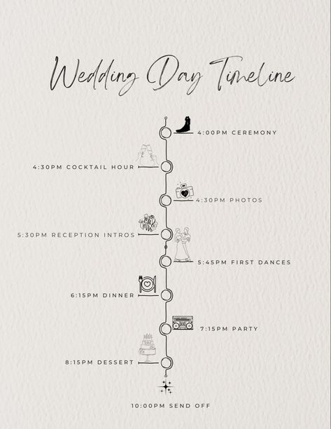 Simple Wedding Reception Program Ideas, Invitation Timeline Wedding, Wedding Idea Invitation, Wedding Timeline Cards, Wedding Iterinary, Wedding Timeline Cards For Guests, Wedding Invitations With Timeline, Evening Wedding Schedule, Timeline Wedding Invitation