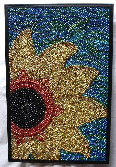 Framed Mardi Gras bead art, "Sunflower." Mardi Gras Bead Art, Bead Mosaic, Class Art Projects, Auction Projects, Mosaic Frame, Art Perle, Floral Mosaic, Mardi Gras Beads, Mosaic Design