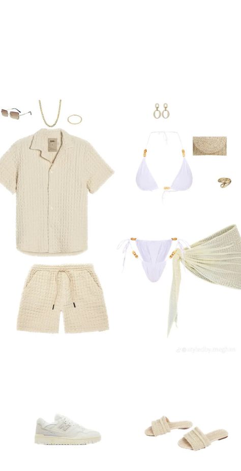 Couple Beach Wear, Matching Outfits For Couples Beach, Beachy Couple Outfits, Couples Coordinating Outfits Vacation, His And Her Vacation Outfits, Couple Outfit Vacation, Matching Cruise Outfits For Couples, Couple Coordinating Outfits Summer, Summer Matching Outfits For Couples