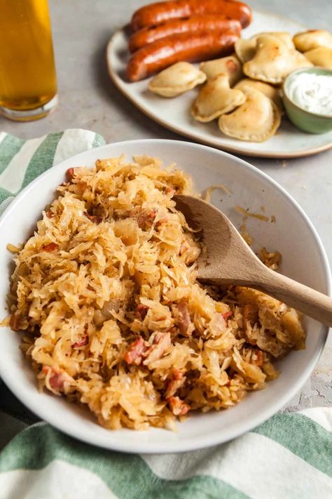 Easy Kapusta (Polish Braised Sauerkraut With Bacon) Kapusta Recipe Polish, Sourkrout Recipes, Soup Whole 30, Kapusta Recipe, Roasted Vegetable Soup, Chicken Cauliflower, Sauerkraut Recipes, Ethnic Food, Cabbage Recipes