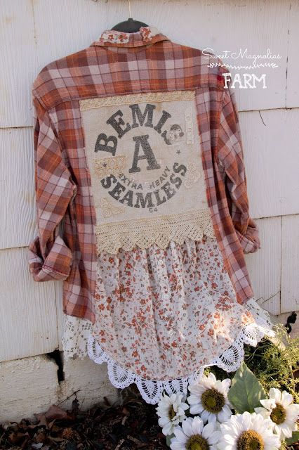 Sweet Magnolias Farm Flannel Upcycle, Flannel Shirt Refashion, Vestiti In Jeans, Bleach Shirt Diy, Redo Clothes, Bleached Flannel Shirt, Sweet Magnolias, Upcycled Flannel, Clothing Upcycle