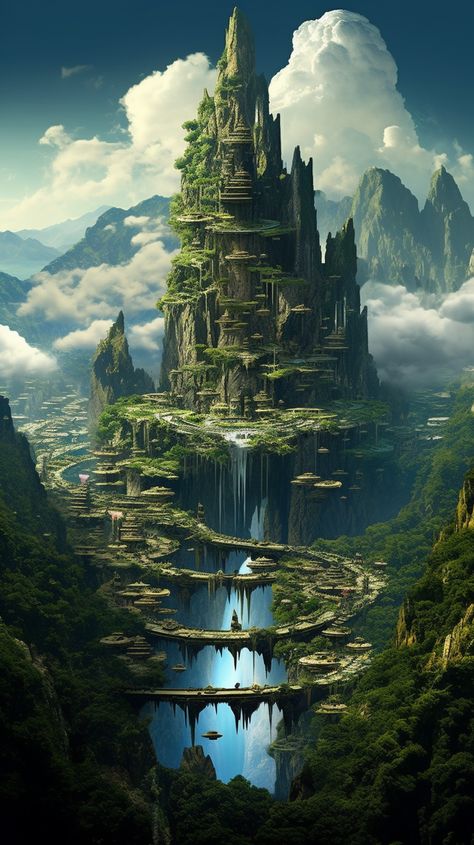 @StockEzy Fantasy World Building Art, Fantasy World City, Sci Fi World Building, Fantasy World Design, Steampunk Building, Jungle City, Castle House Design, Fantasy Town, Mystical Places