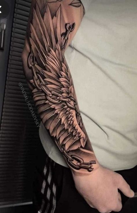 Angel Wings Tattoo Forearm, Armband Tattoo Meaning, Alas Tattoo, Warrior Tattoo Sleeve, Wing Tattoo Men, Outer Forearm Tattoo, Wrap Around Tattoo, Chain Tattoo, Half Sleeve Tattoos Drawings