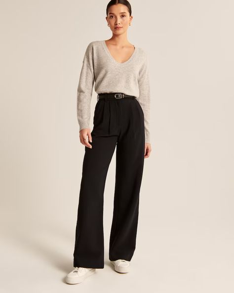 Women's A&F Sloane Tailored Pant | Women's Matching Sets | Abercrombie.com Tailored Straight Leg Pants Outfits, Abercrombie And Fitch Tailored Pants, Pants 2023 Women, Abercrombie Sloane Pant, Abercrombie Sloane Pant Outfit, Wide Leg Slacks Outfit, Black Tailored Pants Outfits, Pleated Wide Leg Pants Outfit, Pantalon Outfit Dames