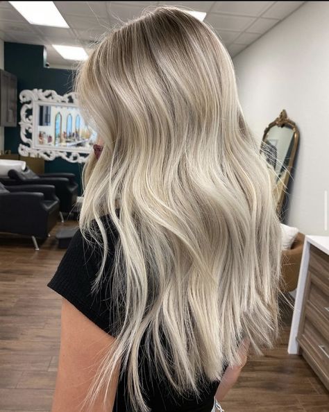 Ice Blonde Balayage With Money Piece, Bright Blonde Hair With Root Melt, All Over Blonde With Dimension, Light Blonde Balayage Hair, Bright Beachy Blonde, Dimensional Creamy Blonde, Vanilla Blonde Balayage Brunette, Bright Blonde Full Highlights, Half Up Half Down Slicked