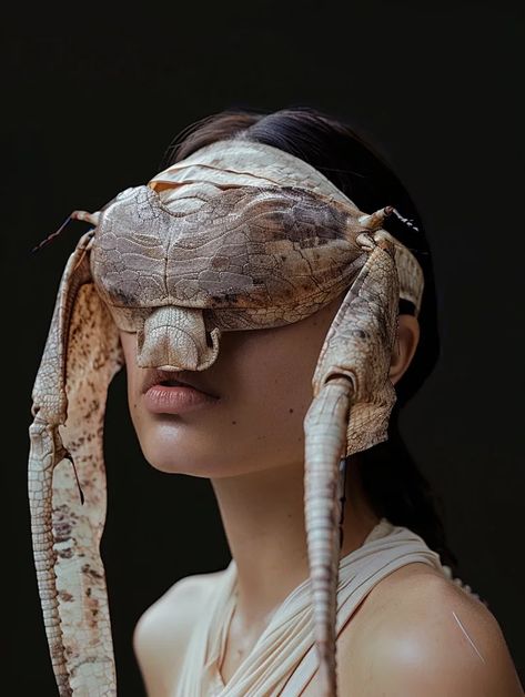 The image is a close-up of a woman wearing a strange mask. The mask is made of the exoskeleton of a large insect, and it covers her eyes, nose, and mouth. The woman's skin is pale and her eyes are dark and empty. She is wearing a white dress, and her hair is long and black. The background is black, and there is no other light in the image. The image is both beautiful and disturbing, and it is unclear what the woman is trying to express. Insect Mask, Bee Mask, Women Skin, Her Eyes, The Mask, Art Reference Photos, Character Design Inspiration, Her Hair, Art Reference