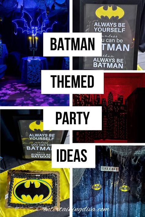 Elegant Batman Themed Party Ideas For Adults | Adult Batman Party Gotham City Party Decorations, Batman Table Decorations, Gotham City Decorations, Batman Halloween Decorations, Batman Trunk Or Treat Ideas For Cars, Gotham City Party, Batman Party Games, Batman Wedding Theme, Adult Superhero Party