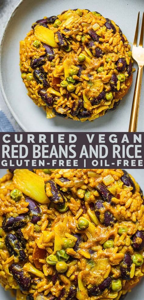 Curried vegan red beans and rice gluten-free oil-free Vegan Red Beans And Rice, Vegan Red Beans, Vegan Curry Recipes, Oil Free Vegan Recipes, Red Beans And Rice, Rice And Beans, Beans And Rice, Vegan Curry, Oil Free Vegan