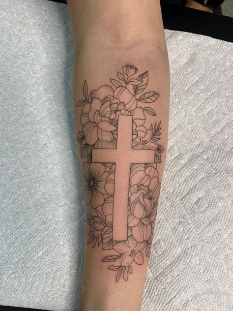 Cross Rib Tattoos, Floral Cross Tattoo, Cross Heart Tattoos, Rip Tattoos For Dad, Tropical Flower Tattoos, Unique Cross Tattoos, Lamb Tattoo, Verse Tattoos, Cross Tattoos For Women