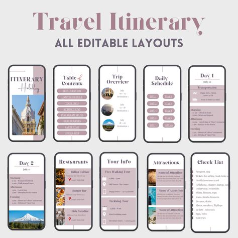 Editable Holiday Travel Itinerary Mobile & iPad Template. Digital Printable Editable Travel Planner. Holiday Itinerary Template, Canva Travel Itinerary, Digital Travel Itinerary, Holiday Itinerary, Itinerary Template Free, Ipad Template, Travel Budget Planner, Itinerary Design, Travel Itinerary Planner