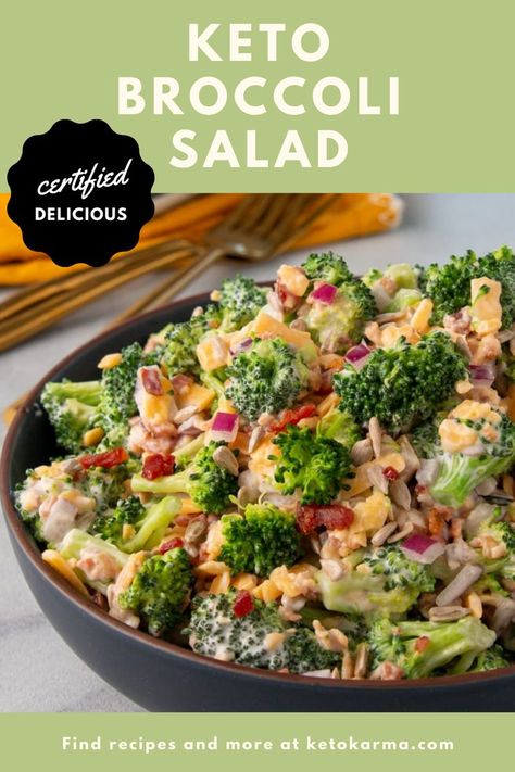 This simple and flavorful keto broccoli salad is one of my go-to recipes! It always pleases a crowd. It also pairs perfectly with a variety of dishes. My favorite is pairing it with BBQ. And it looks so pretty on the table! If you’re looking for variety, try preparing this dish a few different ways. Try fresh or blanched, roasted, or steamed broccoli. My favorite part about this side dish is not only the crunch, but also the combination of sweet and savory. Keto Karma, Warm Salads, Keto Broccoli Salad, Salad Keto, Keto Broccoli, Broccoli Salad Bacon, Raw Broccoli, Quick Side Dishes, Salad Salad