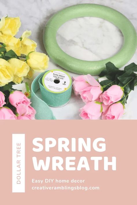 Make this simple spring wreath using Dollar Tree supplies. Bright flowers and ribbon with a chalkboard sign. #wreath #spring Dollar Store Projects, Simple Spring Wreath, Coffee Filter Wreath, Large Floral Arrangements, Diy Spring Wreath, Mothers Day Wreath, Spring Tree, Spring Projects, Organization Diy