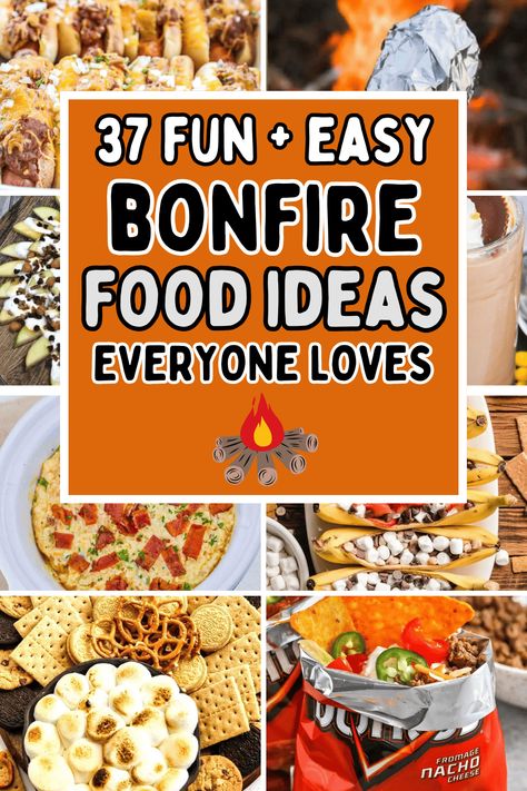 Fun bonfire food ideas and campfire snacks! Hosting a fall backyard bonfire party is easy when you add these amazing appetizers, campfire desserts, snack mixes, and smores ideas to your bonfire menu. Snacks for a bonfire party, halloween bonfire party food, bonfire party ideas, beach bonfire food ideas, bonfire aesthetic, bonfire night treats, campfire food ideas, bonfire potluck ideas, autumn bonfire party food, camping party food ideas, bon fire snacks, fall foods for a crowd, fire pit food. Bonfire Smores Ideas, Camp Fire Treats, Food For Bonfire Party, Smore Party Ideas, S'mores Ideas, Easy Bonfire Food, Bonfire Food Ideas Snacks, Bonfire Appetizers, Fall Bonfire Food Ideas