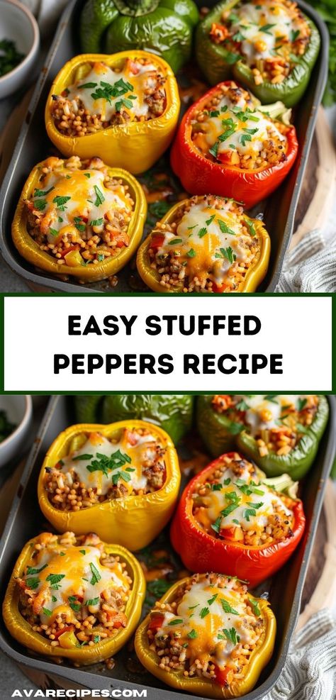 "Looking for delicious ground beef recipes? Try this Stuffed Peppers recipe, perfect for dinner. This easy ground beef recipe combines savory beef and rice in flavorful stuffed peppers. Stuffed Peppers Ground Beef, Best Stuffed Pepper Recipe, Easy Stuffed Pepper Recipe, Stuffed Peppers With Rice, Easy Stuffed Peppers, Ground Beef Recipe, Stuffed Peppers Recipe, Recipe For Dinner, Easy Ground Beef