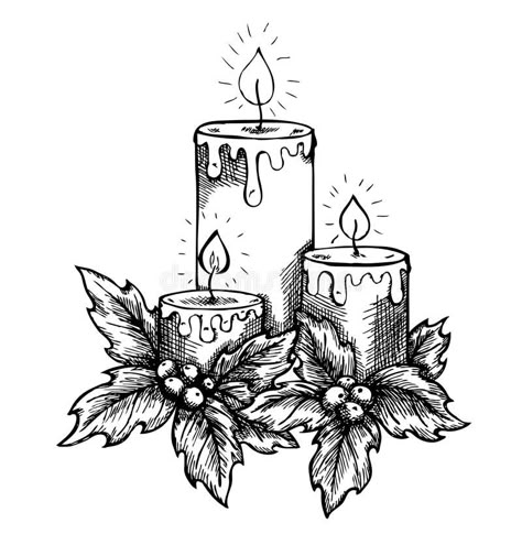 Graphic drawing candles and holly berries and leav royalty free illustration Drawing Candles, Christmas Cards Drawing, Xmas Drawing, Leaves Sketch, Christmas Sketch, Candle Drawing, Winter Drawings, Christmas Doodles, Clipart Christmas