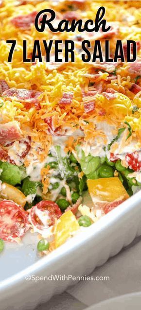 7 Layer Salad is a favore recipe with layers of lettuce, peas and bacon. The dressing is a very simple ranch dressing for a perfect meal or side! #spendwithpennies #7layersalad #madeaheadrecipe #potluck #potluckrecipe Simple Ranch Dressing, Peas And Bacon, Salad Macaroni, 7 Layer Salad, Layer Salad, Seven Layer Salad, Layered Salad Recipes, Layered Salad, Potluck Dishes