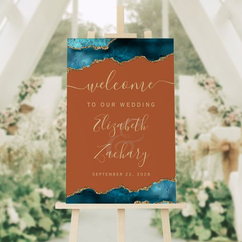 Dark Teal Weddings, Elegant Wedding Welcome Sign, Orange Wedding Themes, Teal Wedding Invitations, Wedding Reception Guest, Purple And Gold Wedding, Geode Wedding, Western Themed Wedding, Burnt Orange Weddings