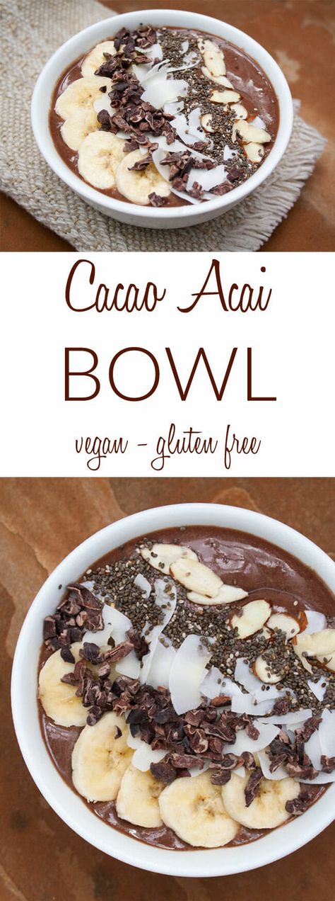 Cacao Acai Bowl - Dessert for breakfast, yes please! Actually this vegan smoothie bowl is very healthy, but you will feel like you are eating an indulgent dessert! Loaded Bowls, Vegan Acai Bowl, Branch Ideas, Acai Recipes, Smoothie Bowl Vegan, Breakfast Vegetarian, Chocolate Smoothie Bowl, Açaí Bowls, Smoothies Vegan