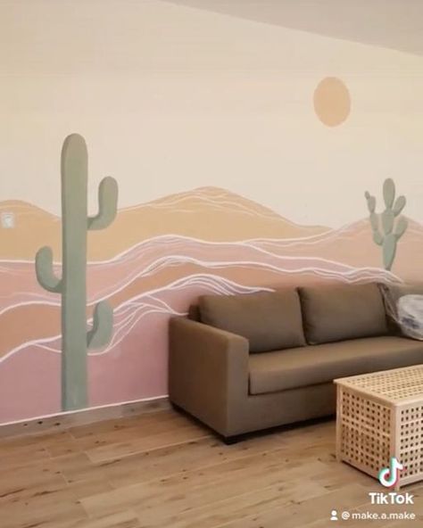 Western Wall Murals Paintings, Desert Mountain Mural, Aesthetic Mural Painting, Desert Mural Nursery, Backyard Fence Mural, Southwestern Mural, Nursery Mural Ideas Painted, Southwest Mural, Desert Nursery Theme