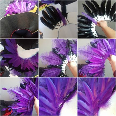 After watching some videos I had a good idea how to make one. I bought a Dracula cape at Halloween and cut of the collar to use for my base. I used black goose feathers underneath and then purple feathers to fill in the gaps. The black makes it look darker and more evil rather than pretty. Once covered with feathers I used ostrich feather in certain places to make it look bigger and more fun. I glued feathers around the bottom to tidy it up Feather Cape Diy, Izma Costume, Yzma Cosplay, Yzma Costume, Cape Diy, Dracula Cape, Parrot Costume, Diy Cape, Mom Costumes