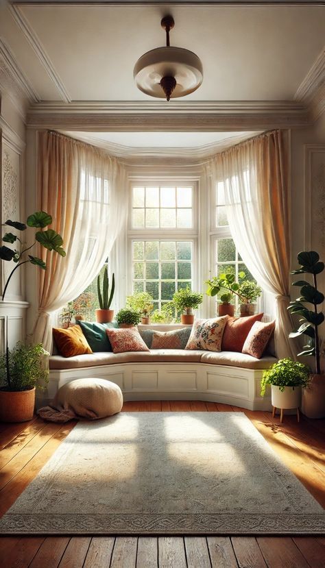 Bay Window With Shelves, Fake Bay Window, Living Room Window Bench Seat, Window Seat Bay Window Living Room, Bay Window With Seating, Reading Bay Window, Modern Window Seat Living Room, Dressing Bay Windows, Piano By Window