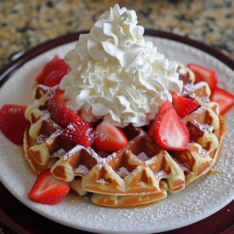 Waffle With Whipped Cream, Waffles With Whipped Cream, Waffles And Strawberries, Buttermilk Waffles, Waffle Ingredients, Sliced Strawberries, Instagram Recipes, Twisted Recipes, Nice Food