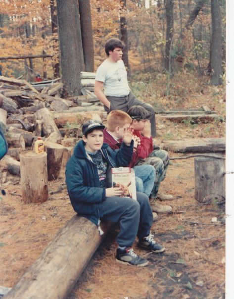 Camping at Valley Pines, USA, 1990s. Camp fire. 90s Camping Aesthetic, Summer Camp Photoshoot, 1990s Life, Camp Photoshoot, Boy Childhood, Camp Redwood, Vintage Summer Camp, Summer Slasher, Camping Photoshoot