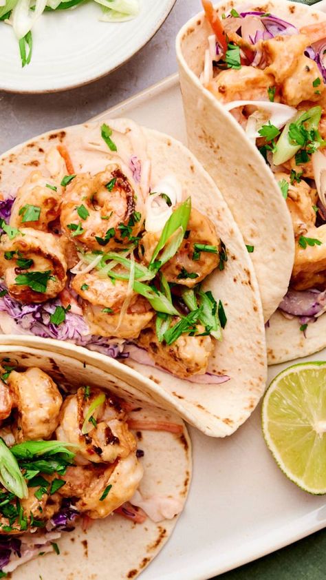 Thai Shrimp Tacos, Cajun Shrimp Tacos, Bang Bang Shrimp Tacos, Slaw For Shrimp Tacos, Creamy Slaw, Healthy Shrimp Tacos, Shrimp Tacos Easy, Bang Bang Sauce, Shrimp Taco Recipes