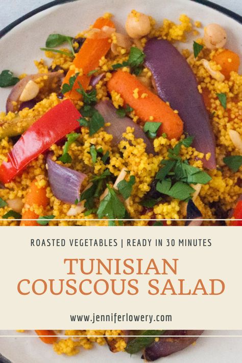 Tunisian Couscous Salad | Jennifer Lowery Tunisian Couscous Recipe, Tunisian Couscous, Moroccan Couscous Salad, Moroccan Couscous, Tunisian Food, Spice Combinations, Couscous Recipes, Couscous Salad, Middle Eastern Recipes