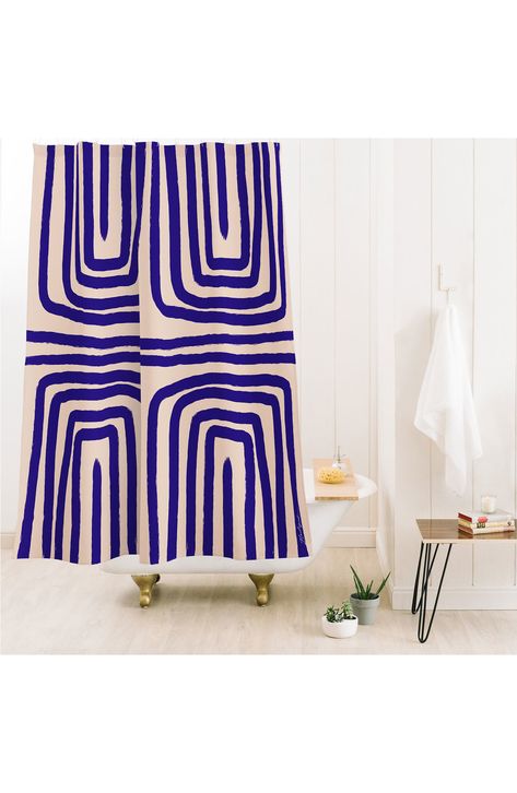 An elegant wave pattern sets a sophisticated mood in your bathroom retreat with this easy-to-hang shower curtain. Artwork by Nadeige Archin 71" x 74" Buttonhole openings 100% polyester Machine wash, tumble dry Made in the USA of imported materials Statement Shower Curtain, Shower Curtain Blue Bathroom, Contemporary Shower Curtain, Bathroom Design With Shower Curtain, Funky Academia, Mid Century Modern Shower Curtain, Cute Shower Curtain Ideas, Bathroom With Shower Curtain, Trendy Shower Curtains