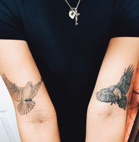 Doves And Ravens Tattoo, Dove Raven Tattoo, Doves And Ravens Fly The Same Tattoo, Dove And Raven Tattoo, Raven And Dove Tattoo, Dove And Raven, Dove Tattoo Design, Tier Tattoo, Dove Tattoo