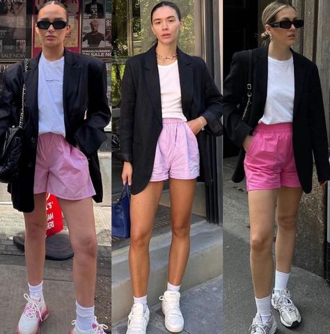 1; 2 or 3? https://www.instagram.com/accounts/login/?next=/p/Cev1hm1K8Rv/ #womensfashion Boxer Shorts Street Style, Pink Boxer Shorts Outfit, Shorts With Blazer Outfits, Pink Shorts Outfits, Fashion Style Guide, Pink Denim Shorts, Weekend Dresses, 가을 패션, Girly Fashion