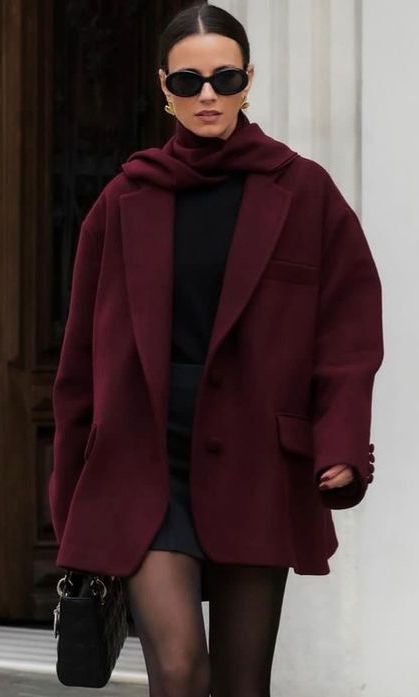 Burgundy Professional Outfit, Fall Outfits 2024 Cherry Red, Burgundy Accent Outfit, Burgundy Look Outfits, Jewel Color Outfits, Cherry Color Outfit, Maroon Blazer Outfits For Women, Dark Red Blazer Outfit, Cherry Red Fall Outfit