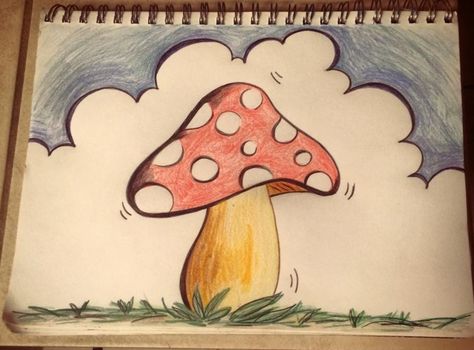 Mushroom illustration done with color pencils by Katy Young Mushroom Drawing Colorful, Sketch Book Ideas Aesthetic Mushroom, Simple Mushroom House Drawing, Mashrooms Drawing Indie Easy, Mushroom Bullet Journal Theme, Mushroom Bullet Journal, Drawing Scenery, Mushroom Drawing, Meaningful Drawings