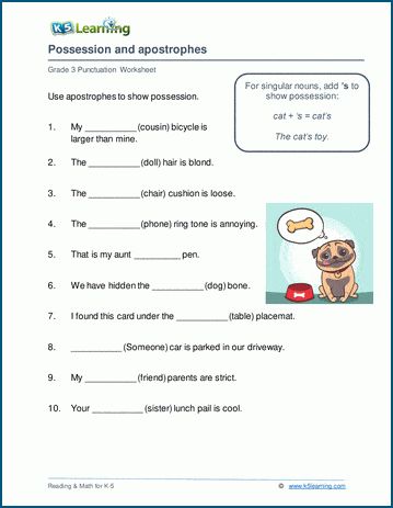 Apostrophes worksheets. Students write the possessive form of singular nouns by adding an apostrophe and an "s" to the noun. Free punctuation worksheets from K5 Learning; no login required. Kindergarten Grammar, Punctuation Worksheets, Possessive Nouns, Singular Nouns, Two Step Equations, Cursive Writing Worksheets, Nouns Worksheet, Punctuation Marks, 1st Grade Worksheets