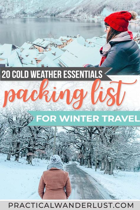 Stumped on what to pack for your winter vacation? Here are 25 tried & true essentials for cold weather travel. The perfect winter packing list. #wintertravel #packinglist What To Pack For Tennessee Winter, What To Pack For Vermont, Packing For A Month Trip Winter, Packing List For Seattle Winter, Minnesota Packing List, Colorado Winter Packing List, How To Pack For Cold Weather Trip, What To Pack For Cold Weather Travel, Montana Vacation Outfits Winter