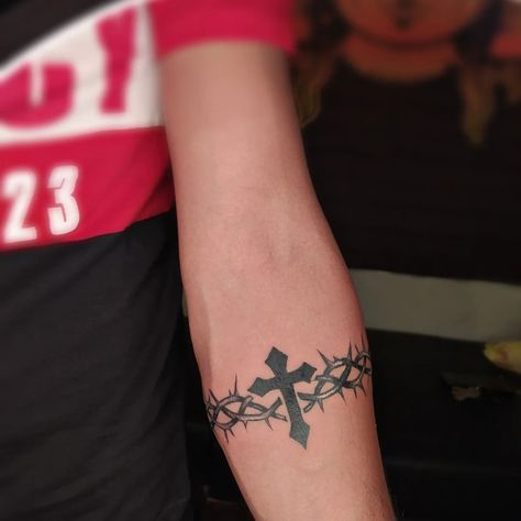 Cross Armband Tattoo Men, Cross Arm Band Tattoo, Cross Bicep Tattoo Men, Thorn Arm Band Tattoo, Christian Armband Tattoo, Crown Of Thorns Tattoo Armband, Cross Band Tattoo, Thorn Band Tattoo, Cross Armband Tattoo