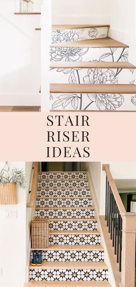 If you’re looking for some stair riser ideas, look no further! We’ve got creative ways to decorate your stair risers that are sure to inspire. #stairriserideas #homemakeover #stairs #stairsmakeovers #stairriser Stair Riser Ideas Vinyl Decals, Peel And Stick Wallpaper Stair Risers, Stair Riser Ideas, Stair Riser Vinyl, Adhesive Floor Tiles, Wallpaper Stairs, Stair Renovation, Stair Riser Decals, Faux Tiles