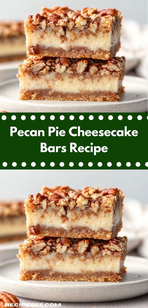 Craving a delightful dessert? These Pecan Pie Cheesecake Bars combine creamy cheesecake with a crunchy pecan topping, making them the perfect sweet treat for family gatherings and holiday celebrations. Crescent Cheesecake, Pecan Pie Cheesecake Bars Recipe, Pecan Pie Cheesecake Bars, Graham Cracker Gingerbread, Pecan Cheesecake Bars, Pecan Pie Cheesecake Recipe, Freezer Desserts, Graham Cracker Gingerbread House, Cheesecake Bars Easy