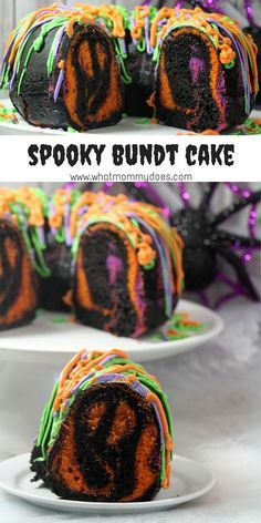 I can't bake very well, and even I was able to make this recipe! Your guests will never guess this amazing marbled Halloween bundt cake is so easy to make. I'm going to use as the feature of my Halloween party food buffet! I think it looks impressive with all the colors! Halloween Bundt Cake, Desserts Halloween, Spooky Halloween Cakes, Biscuits Halloween, Fun Halloween Desserts, Halloween Torte, Pasteles Halloween, Halloween Party Food, Bundt Cake Recipe