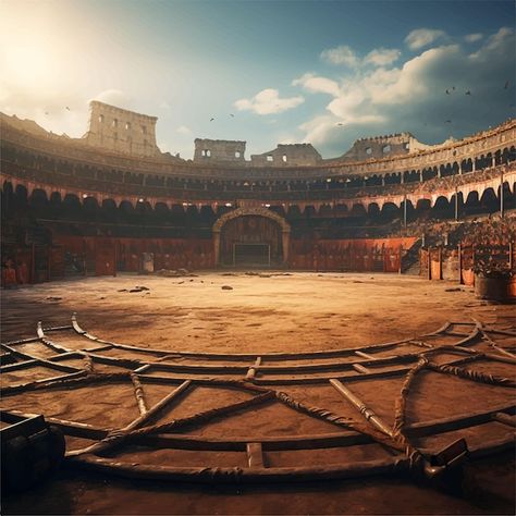 A large circular arena game background w... | Premium Vector #Freepik #vector #colosseum #rome #italy #ancient-rome Ancient Rome Landscape, Ancient Rome Colosseum, Greek Colloseum, Gladiator Background, Spartan Background, Fantasy Colosseum, Fantasy Arena Concept Art, Future Stadium, Colosseum Aesthetic