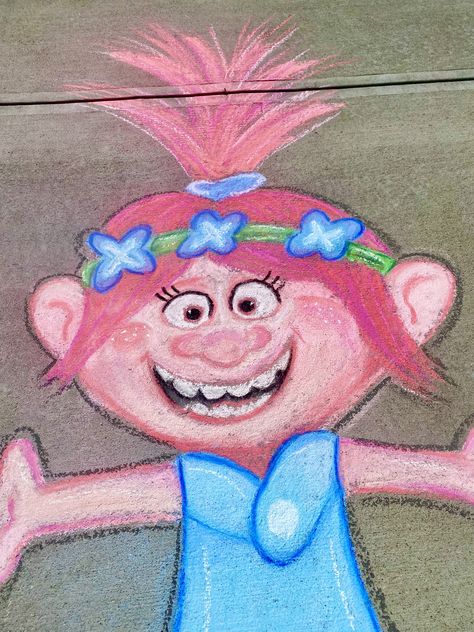 Chalk Art Characters, Mario Chalk Art, Chalk Characters, Chalk Wall Art, Street Chalk Art, Chalk Activities, Chalk Designs, Fun Chalk Art, Poppy Trolls